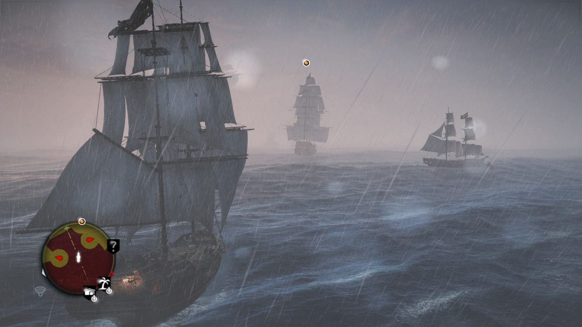 Assassin's Creed IV: Black Flag (PlayStation 4) screenshot: Tailing the enemy galleon without making other enemy ships spot you... use your mini-map to see their range of sight.