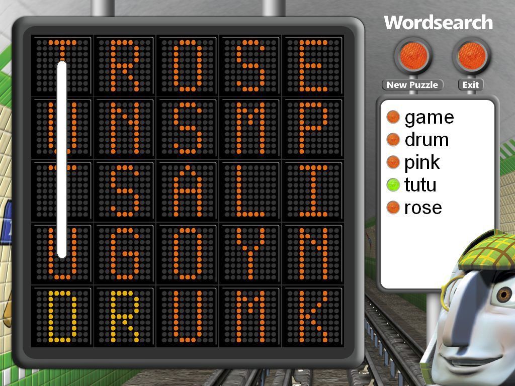 Underground Ernie: International Fun Station (Windows) screenshot: The Word Search puzzles are mouse controlled. Not sure about showing words in lower case when the actual puzzle is in upper case