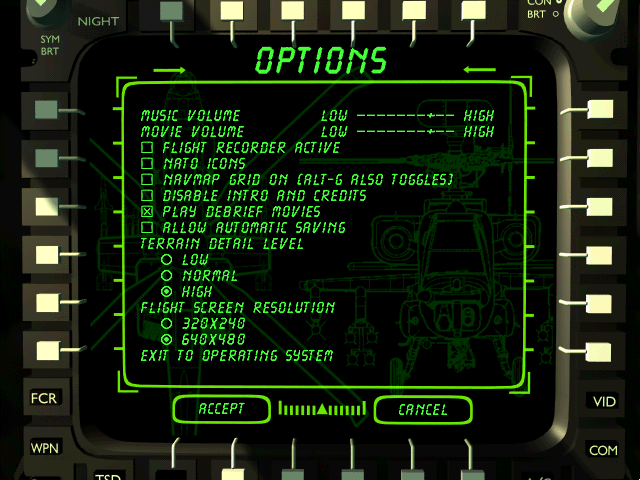 Jane's Combat Simulations: Longbow - Gold (DOS) screenshot: Options menu