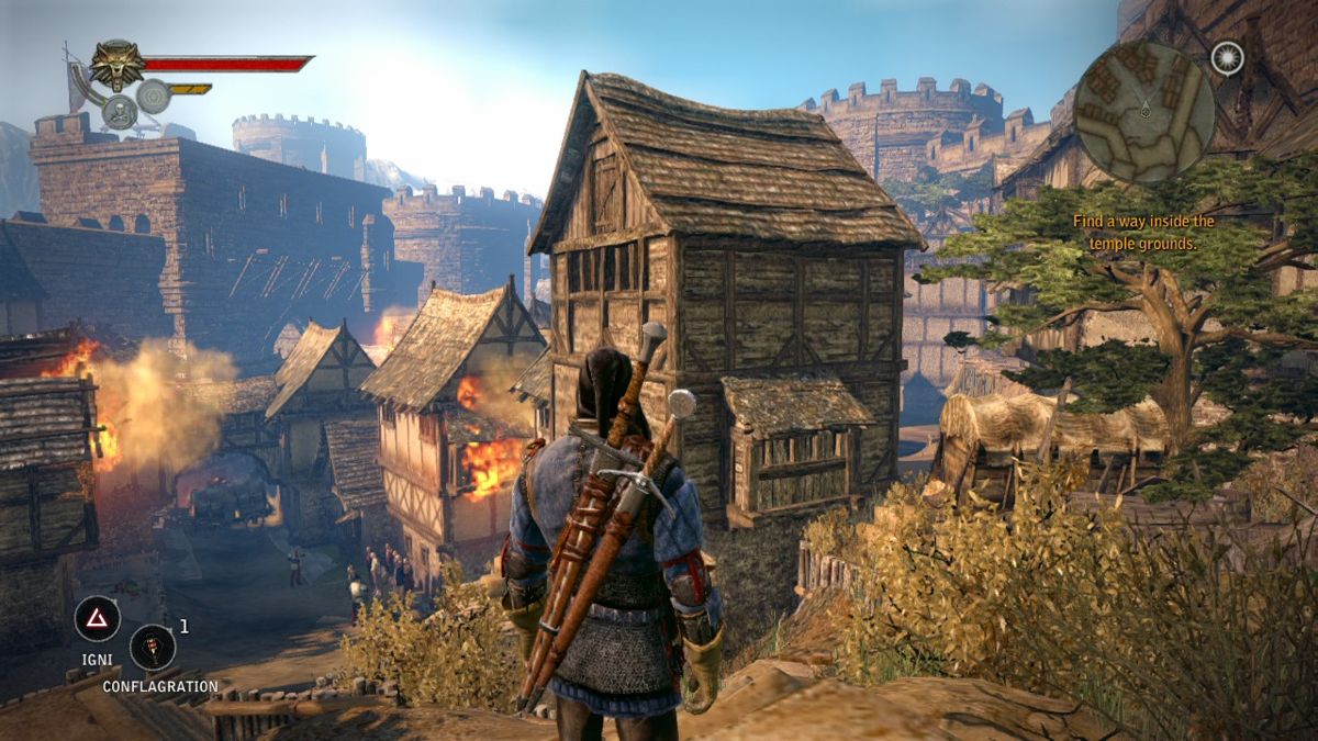 The Witcher 2: Assassins of Kings - Enhanced Edition (Xbox 360) screenshot: The village has been conquered, but someone should keep an eye on the blood-thirsty soldiers.