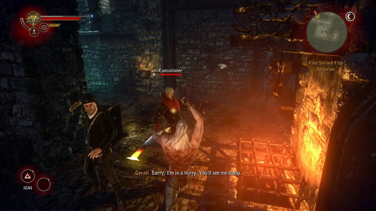 The Witcher 2: Assassins of Kings - Enhanced Edition (Xbox 360) screenshot: Geralt is in a hurry and has no time to postpone his meeting with the executioner.