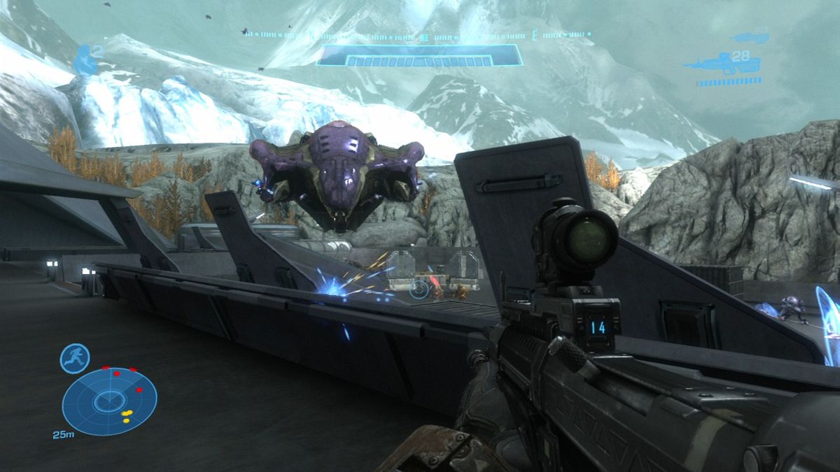 Halo: Reach (Xbox 360) screenshot: Enemy transport ships come with a mounted gun so unless you have some really powerful weapon at your disposal, you should wait for them to leave the area before engaging the ground troops.