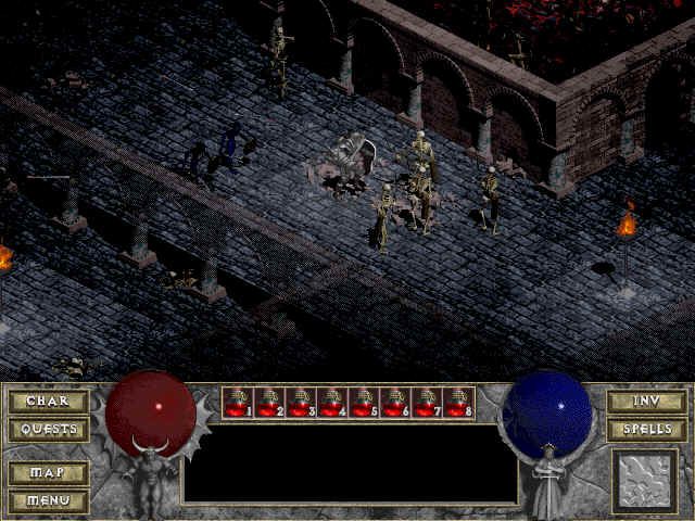 Diablo (Windows) screenshot: Fighting some Skeletons