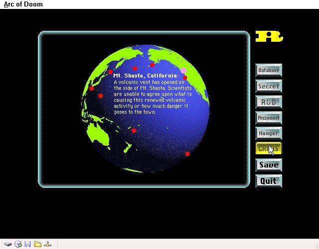 Arc of Doom (Windows 3.x) screenshot: In-game and this is the main menu when the player is in the Redmond Institute. The game starts with a summary of the latest crisis. All other hotspots can be interrogate by clicking on them