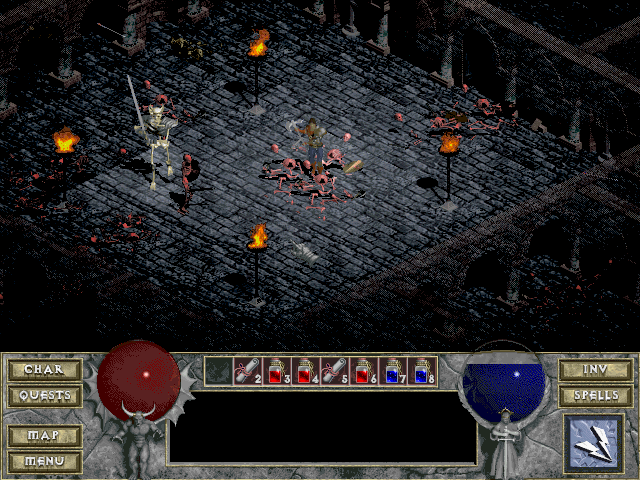 Diablo (Windows) screenshot: Battling the King Leoric, once noble, but now allmighty evil skeleton resurrector.