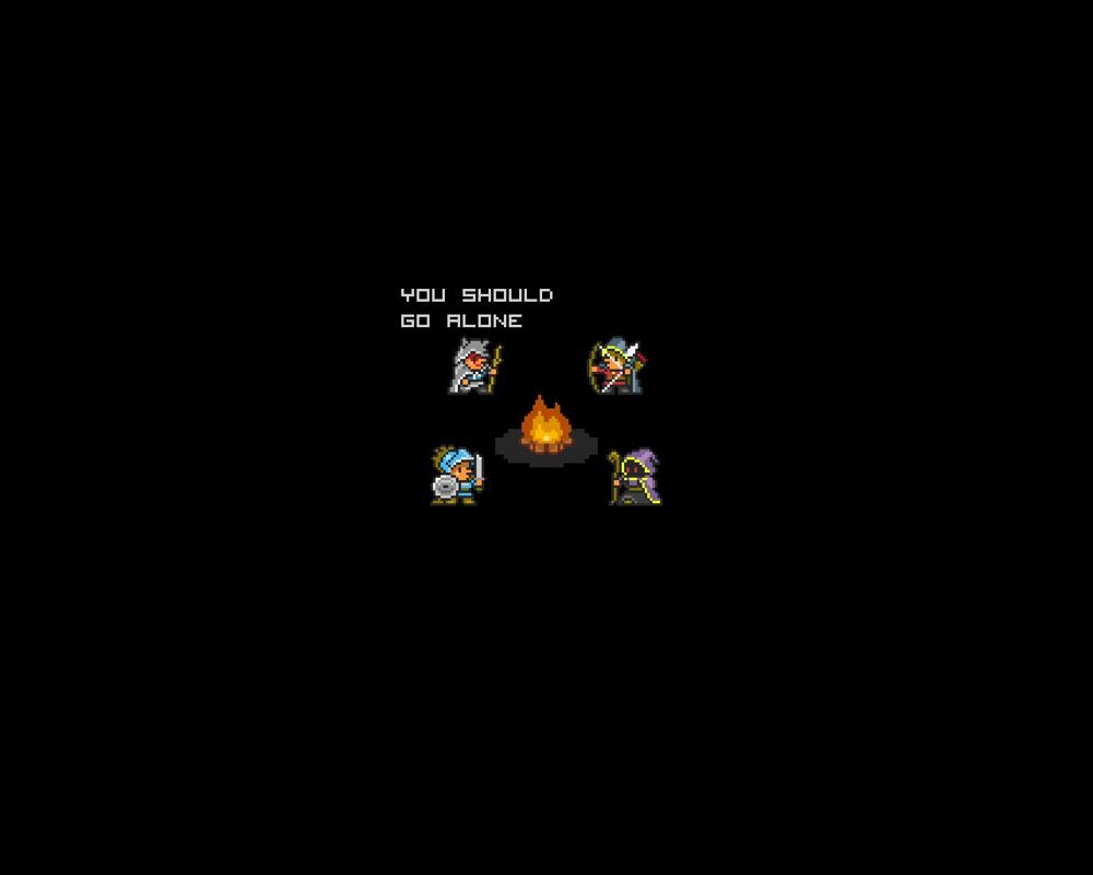 Quest of Dungeons (Windows) screenshot: Intro - A short and mildly funny sketch of the heroes sending off one of their own to inevitable doom. Minor different text for each different hero chosen.