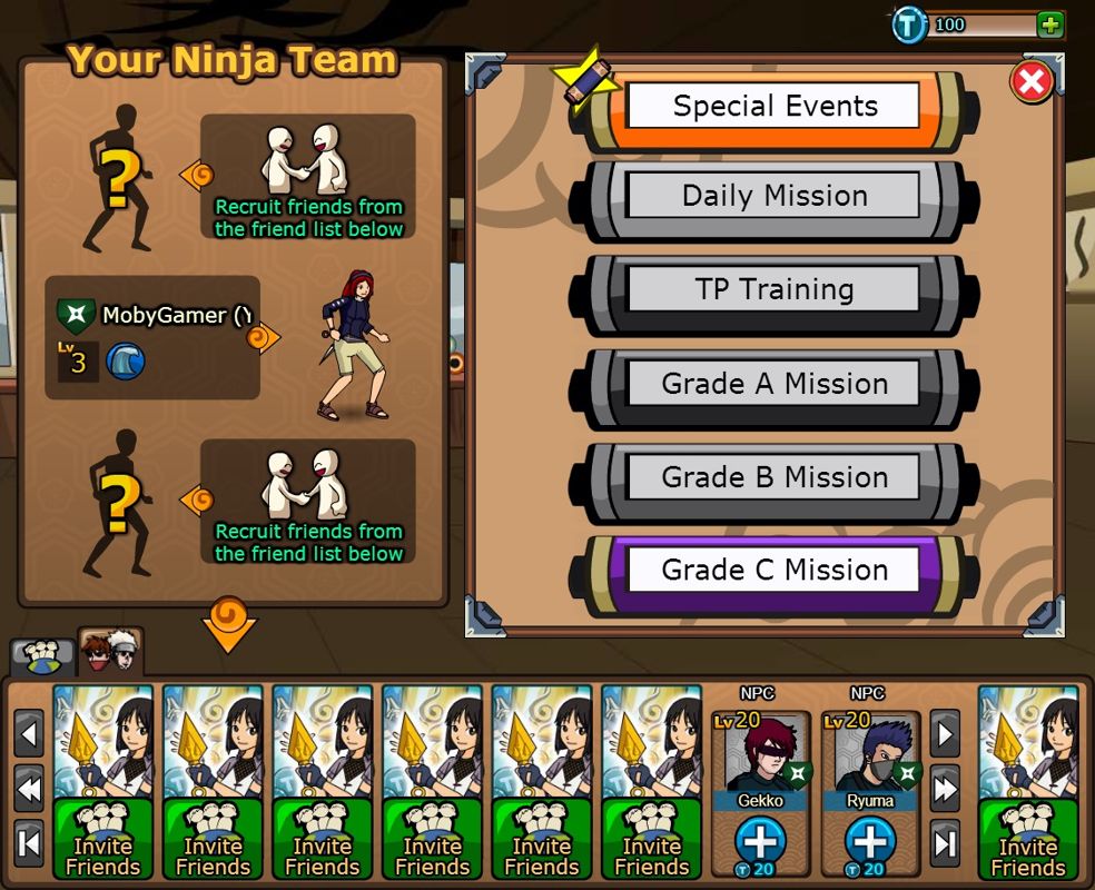 Ninja Saga (Browser) screenshot: Mission Room - This is where all the available quests are. Up to two Facebook friends may be invited per combat session.