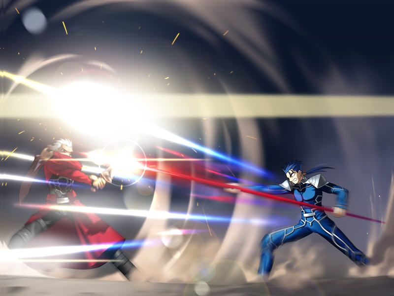 Fate/stay night (Windows) screenshot: Archer vs Lancer