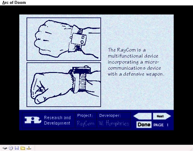Arc of Doom (Windows 3.x) screenshot: How cool is this? A mobile phone / ray-gun combination, (it comes in a glove so you can't shoot a hole in your hand). The player must score well in target practice before they're allowed in the field