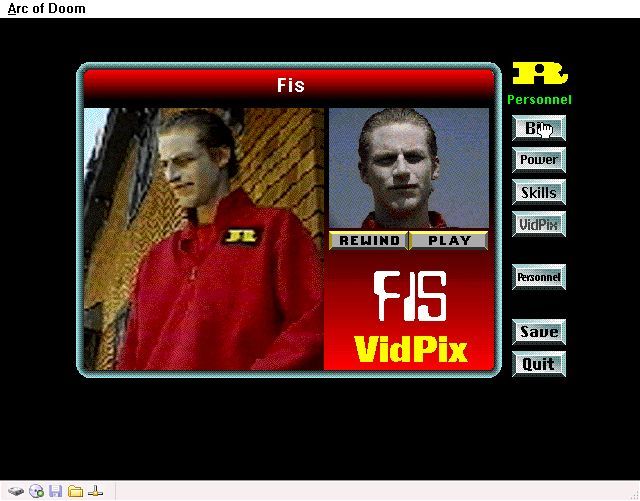Arc of Doom (Windows 3.x) screenshot: The personnel files include photos, biographies, and details of individual skills. This is FIS, he's an android and he's automatically assigned to Beta team