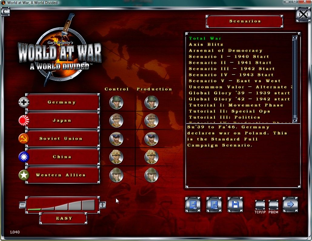 Gary Grigsby's World at War: A World Divided (Windows) screenshot: Choose a scenario.