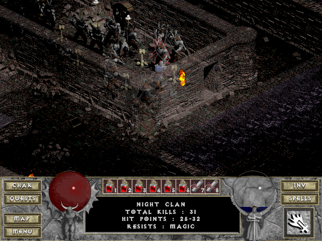 Diablo (Windows) screenshot: Watch it, 'cos if you ever get caught and/or surrounded, DO NOT save game, hehe.