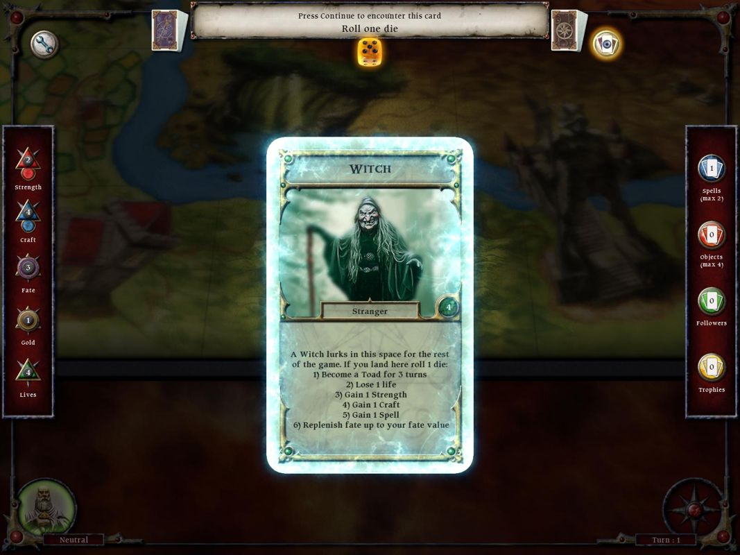 Talisman: Prologue (Windows) screenshot: Some adventure cards are temporary or permanent in effect. Permanent cards, like the witch, will override the previous location instructions every time the character moves on that location.