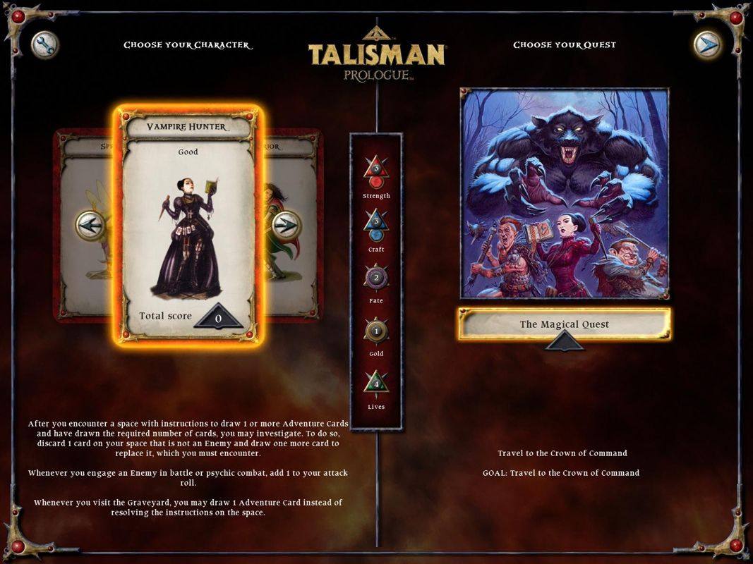 Talisman: Prologue (Windows) screenshot: Another character, the vampire hunter. Different characters also have different quests (scenarios) to choose from.