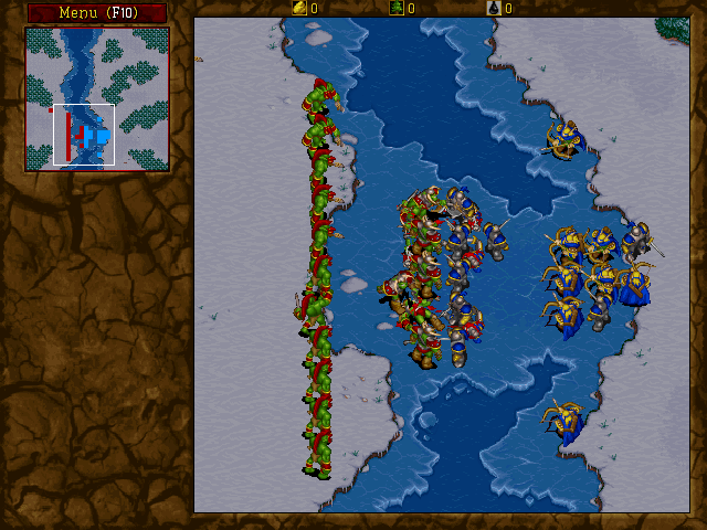WarCraft II: Tides of Darkness (Demo Version) (DOS) screenshot: When the game is left idle in the main menu for a while, it switches into a non-interactive attract mode that shows battles between the Alliance and the Horde.