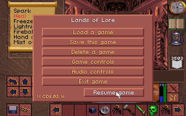 Lands of Lore: The Throne of Chaos (DOS) screenshot: Ingame options - contains saving, loading, speech, moving speed, animated moving, etc.