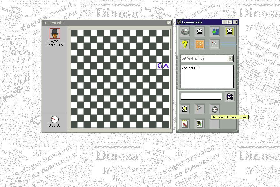 Crossword Addict (Windows) screenshot: The game may be paused. However this does not mean the player can work on a solution while the clock is stopped. The puzzle is replaced by a chequered screen with GAME PAUSED marching across