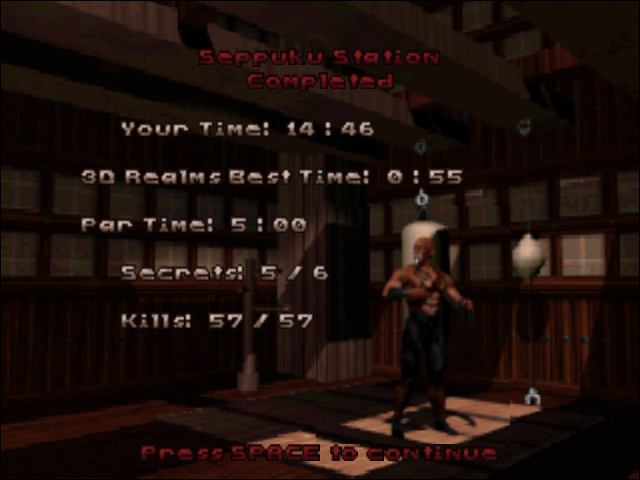 Shadow Warrior (DOS) screenshot: 3Dfx version - level stats screen.
