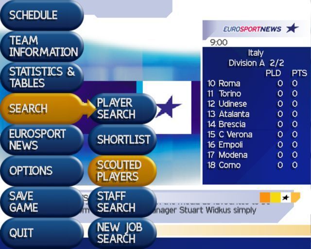 Premier Manager: 2002/2003 Season (PlayStation 2) screenshot: The chairman has made some cash available for new players. This is how the manager initiates a search for them. There's Eurosport news rolling on in the background