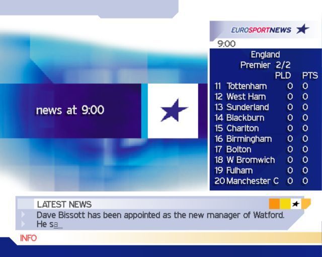 Premier Manager: 2002/2003 Season (PlayStation 2) screenshot: Up to date news is brought to you by Eurosport - nice bit of product placement