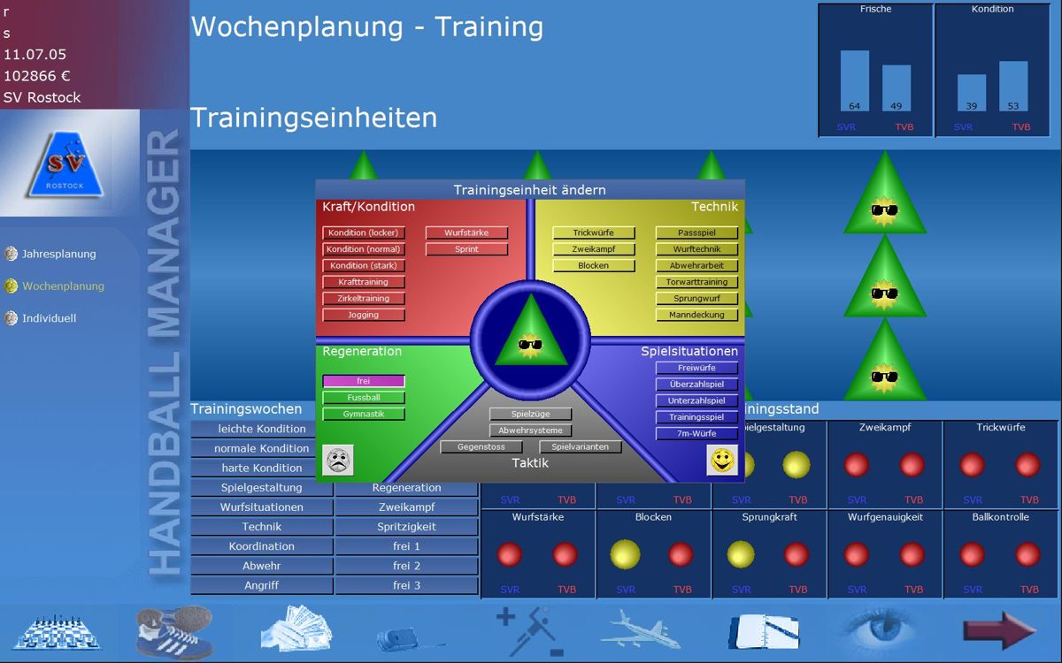 Handball Manager 2005-2006 (Windows) screenshot: weekly planning for training