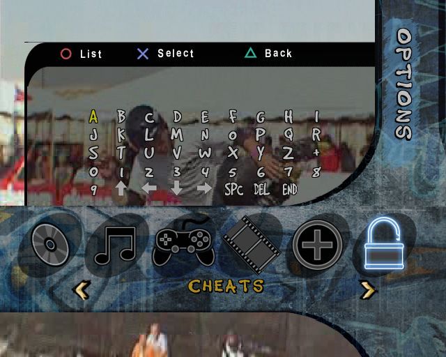 Aggressive Inline (PlayStation 2) screenshot: These are the game configuration options, left to right we have Save/Load, Sound, Controller, Media Viewer, Credits and, shown here, Cheats.