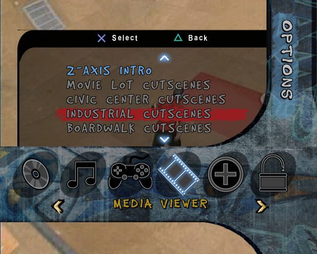 Aggressive Inline (PlayStation 2) screenshot: The Media Viewer shows different cut scenes, these have to be unlocked by completing in-game objectives.