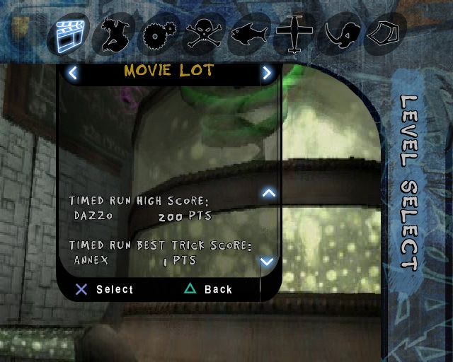 Aggressive Inline (PlayStation 2) screenshot: Starting a Timed Run. Left/right selects the environment, up/down shows previous course records