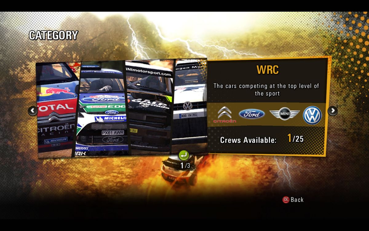 WRC Powerslide (Windows) screenshot: Accessing the WRC class for a race.