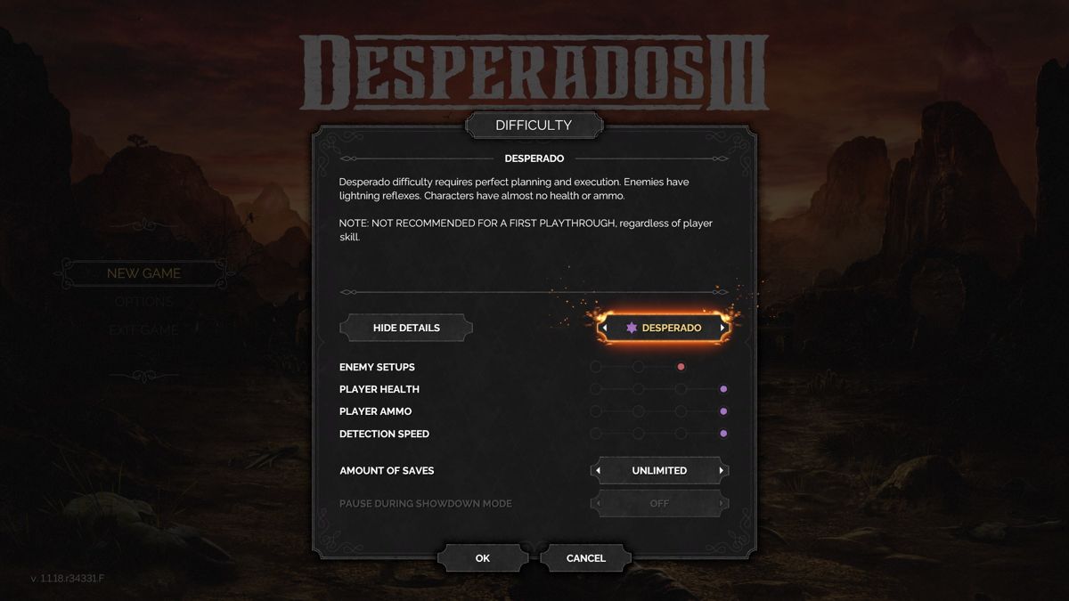Desperados III (Windows) screenshot: A look the the difficulty levels
