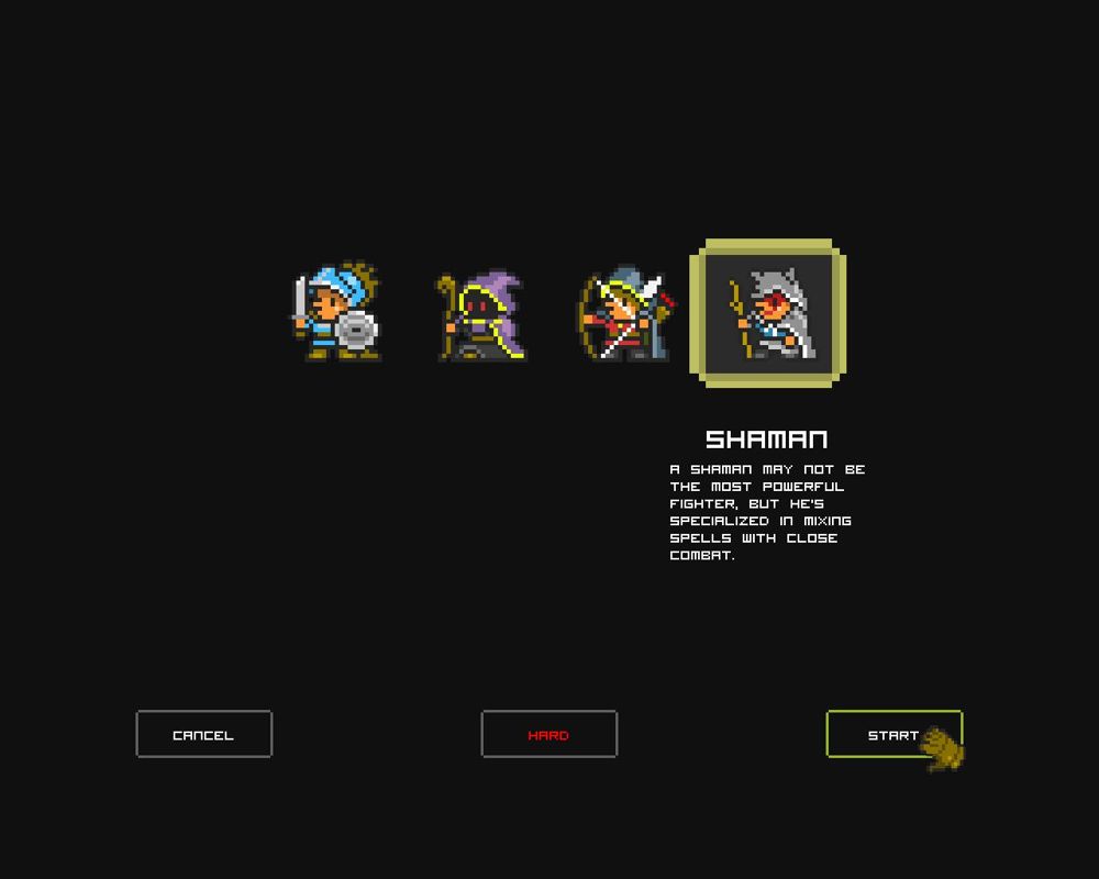 Quest of Dungeons (Windows) screenshot: Character selection - A close combat character, a magic user, a ranged weapon user, and a little bit of everything in the shaman.