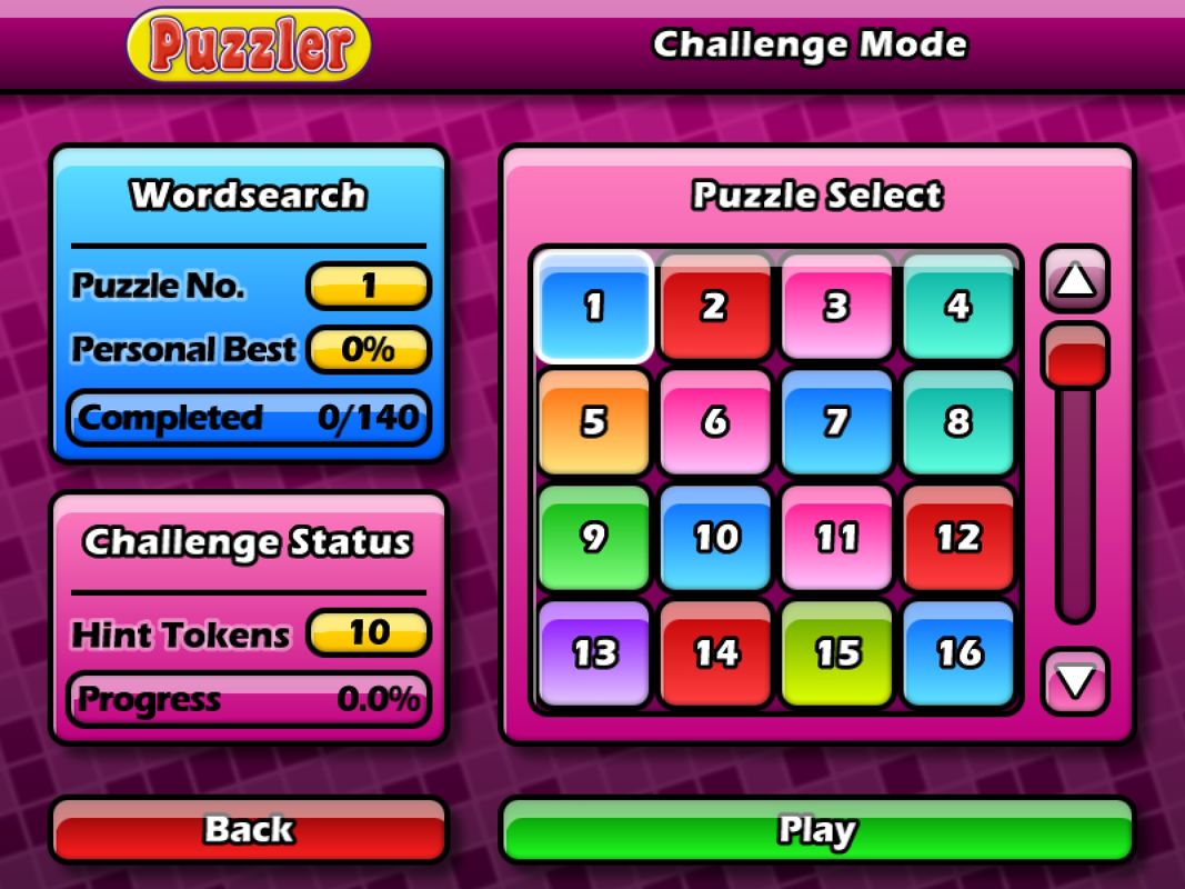 Puzzler World (Windows) screenshot: In challenge mode you select a puzzle type from the grid on the right
