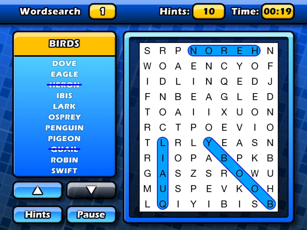 Puzzler World (Windows) screenshot: Wordsearch puzzle screen