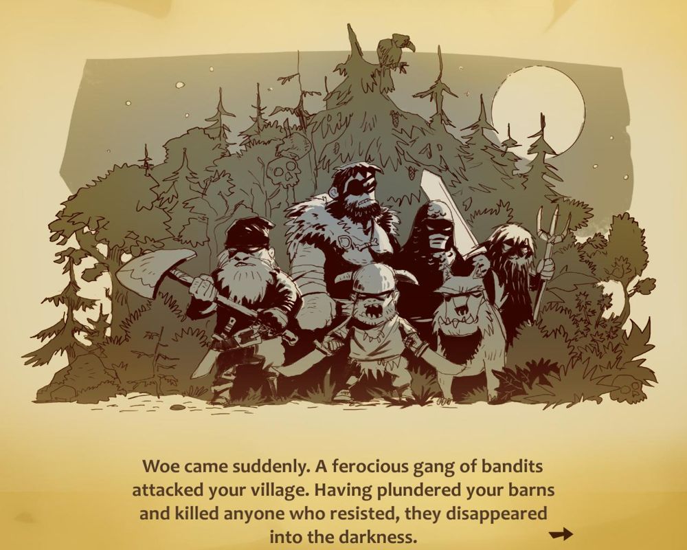 Braveland (Windows) screenshot: Intro - Bandits. A peaceful life meets an end.