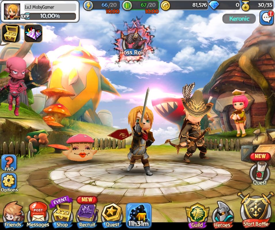 Hello Hero (Browser) screenshot: Game start: finally. This is the main screen, displaying all heroes in the party.