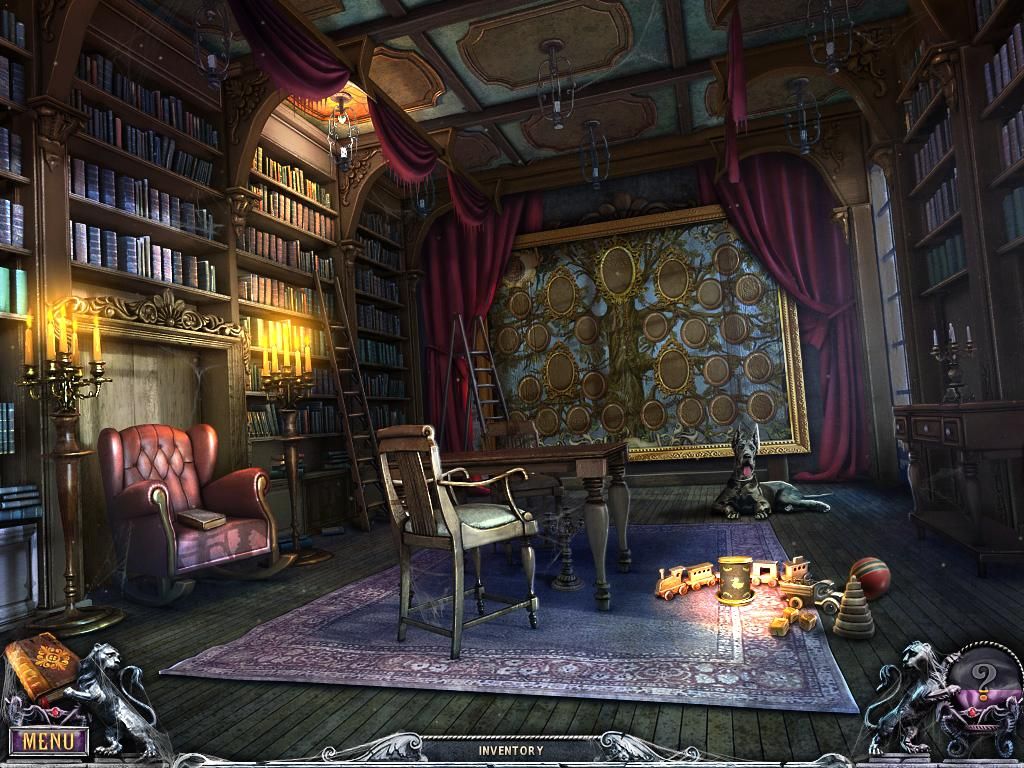House of 1000 Doors: Family Secrets (Windows) screenshot: The Library - with family tree frame