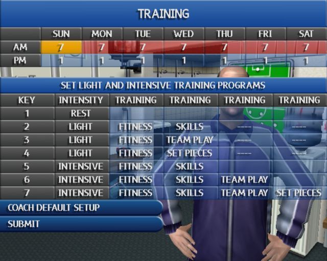 Premier Manager: 2002/2003 Season (PlayStation 2) screenshot: The Coach's training schedule. Banner text that doesn't display well in a screenshot runs across the bottom of the screen advising the player how to switch between the top & bottom areas of the screen
