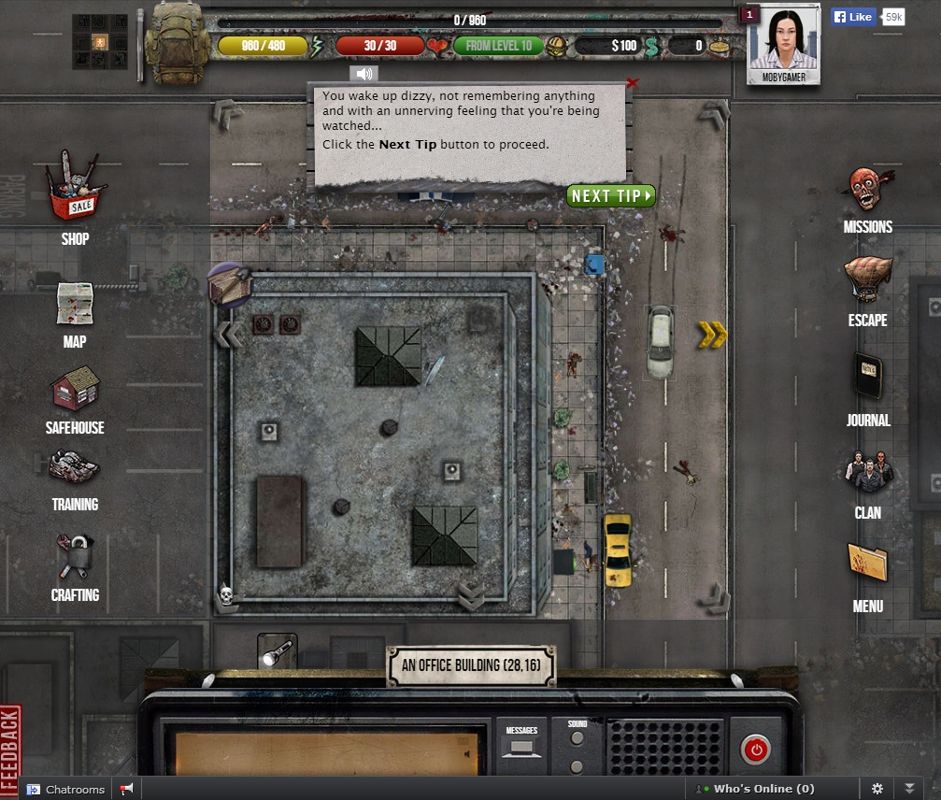 Zombie Pandemic (Browser) screenshot: Game start - A top-down view of the immediate area.