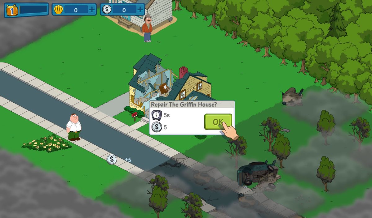 Family Guy: The Quest for Stuff (Android) screenshot: Each action requires some coins and time.