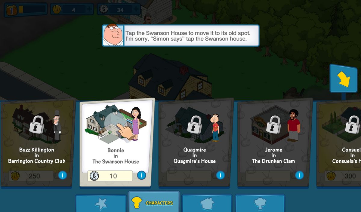 Family Guy: The Quest for Stuff (Android) screenshot: There are many buildings you can buy, but most of them are not available right away.