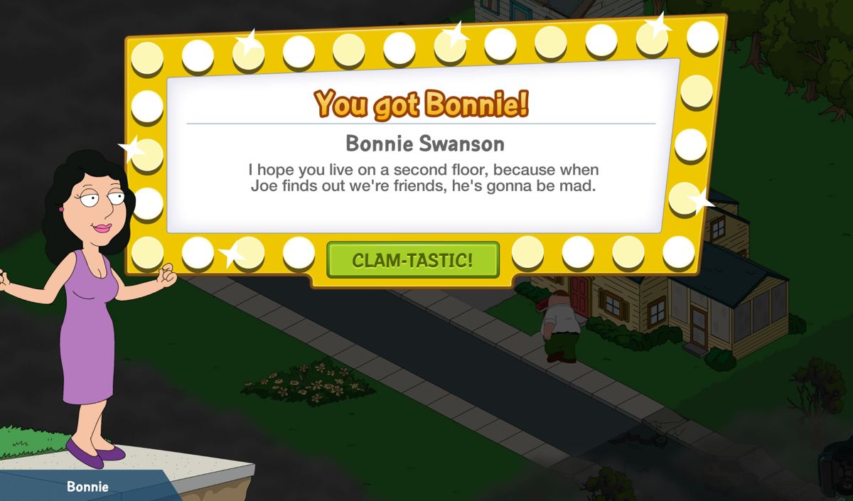 Family Guy: The Quest for Stuff (Android) screenshot: Bonnie Swanson is unlocked as a new character.