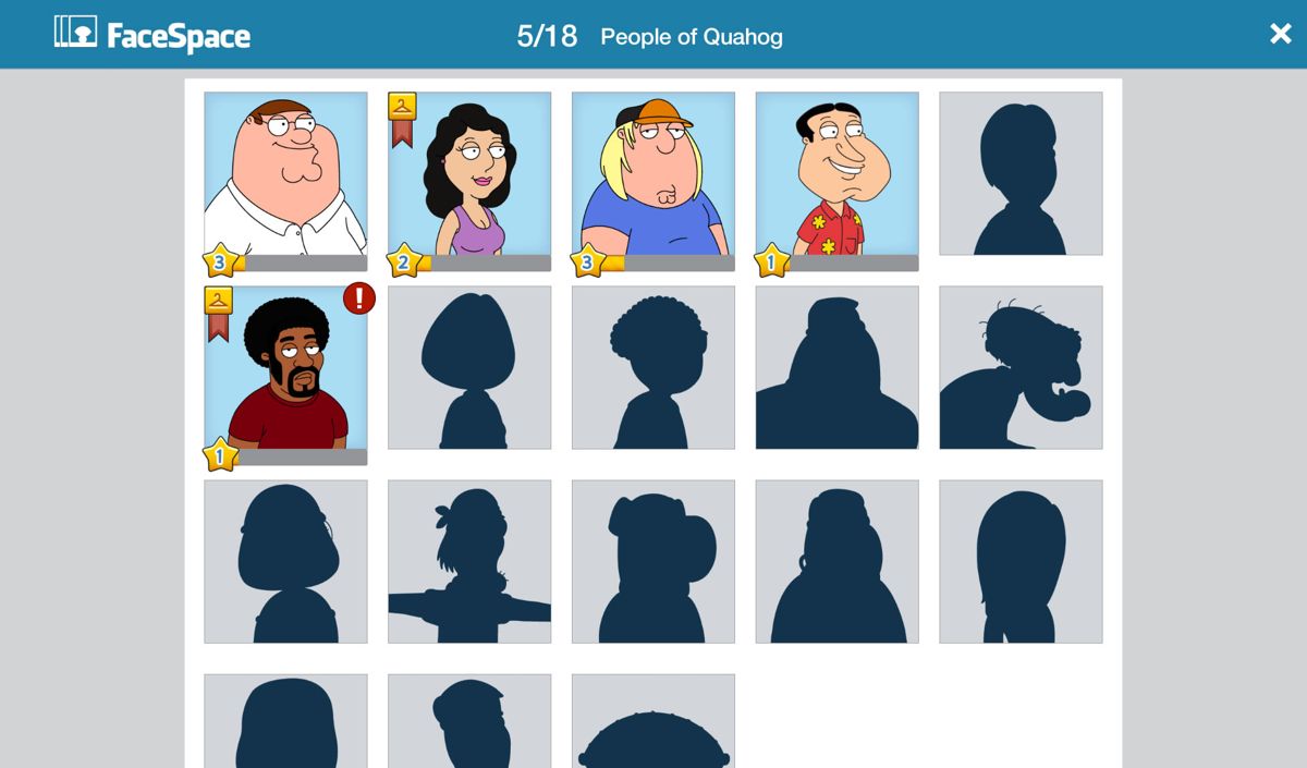 Family Guy: The Quest for Stuff (Android) screenshot: Overview of the available characters so far