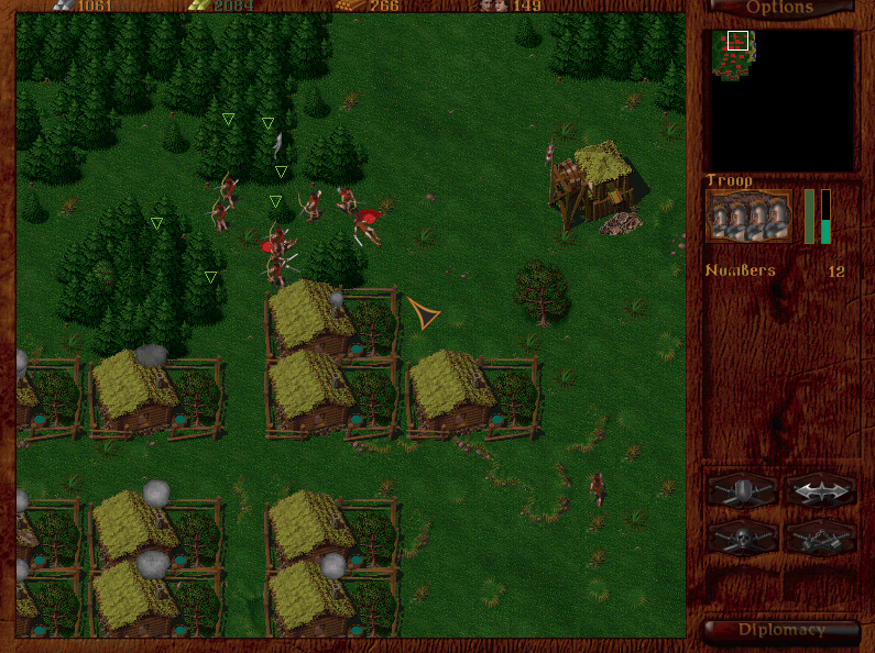 Orda: Severnyi Veter (Windows) screenshot: A troop of archers is sent to clear the forest of wolves and bears to make it safe for the lumberjacks.