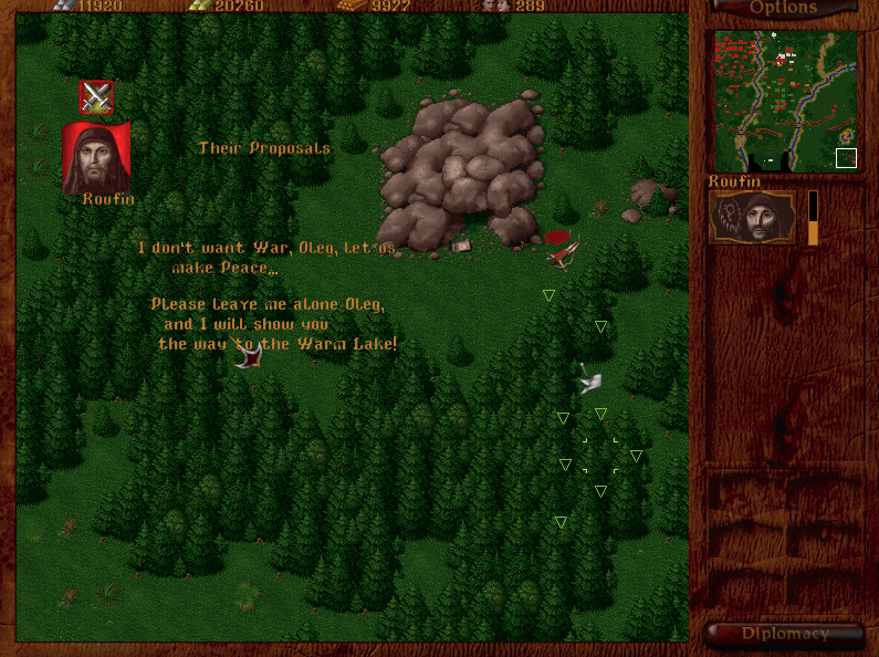 Orda: Severnyi Veter (Windows) screenshot: After some "persuasion" the hermit wizard shares an ancient scroll with the player, and also agrees to open a magically guarded path onto another map.