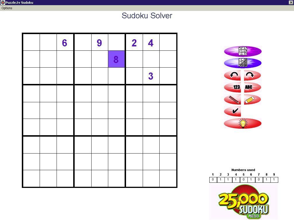 25,000 Sudoku Puzzles (Windows) screenshot: The Sudoku Solver allows the player to enter a puzzle from another source and either play it or have the game solve it