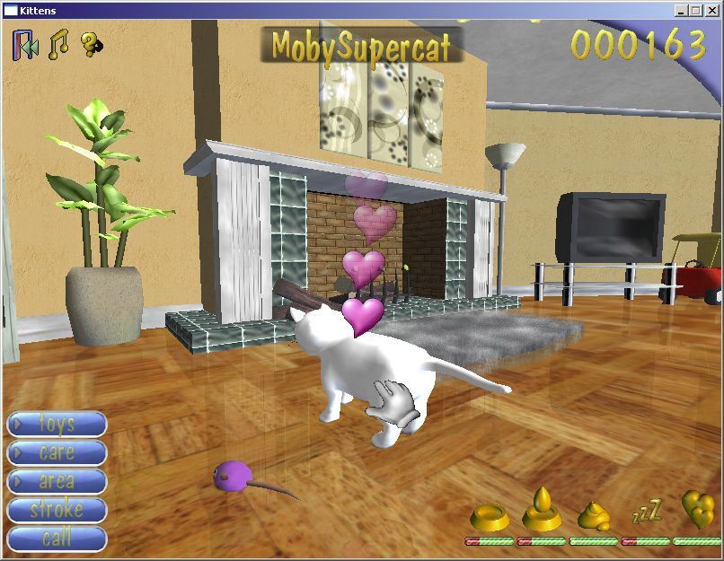 Kittens (Windows) screenshot: This is a cat being stroked in the Living Room area, and being a cat it is completely ignoring its toy