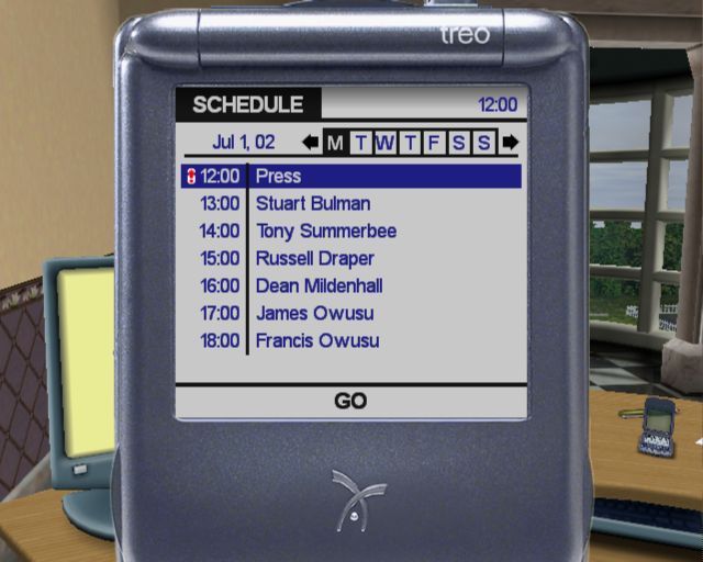 Premier Manager: 2002/2003 Season (PlayStation 2) screenshot: Interaction with other characters is managed via a schedule which the secretary maintains. Important meetings, like the first press interview, are marked with a red flash