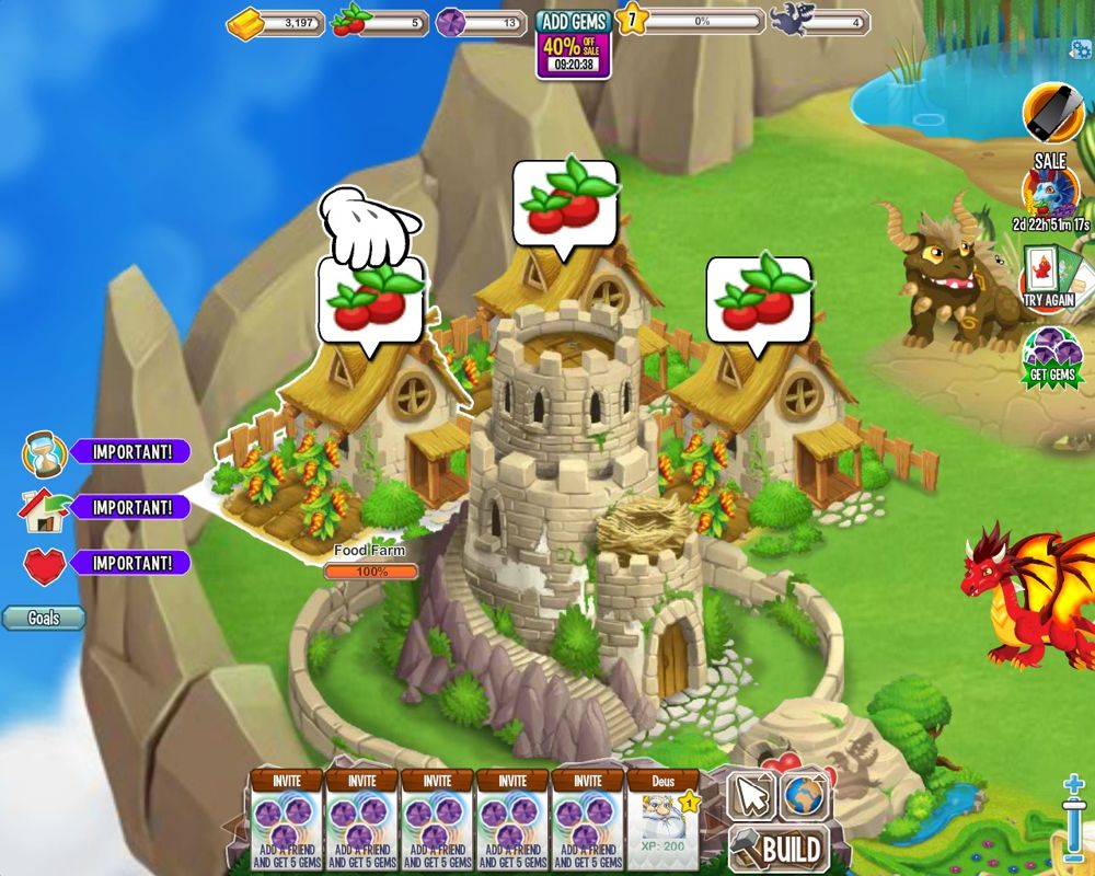 Dragon City (Browser) screenshot: Farms, Food - A farm ready for harvest will have a fruit symbol over it.