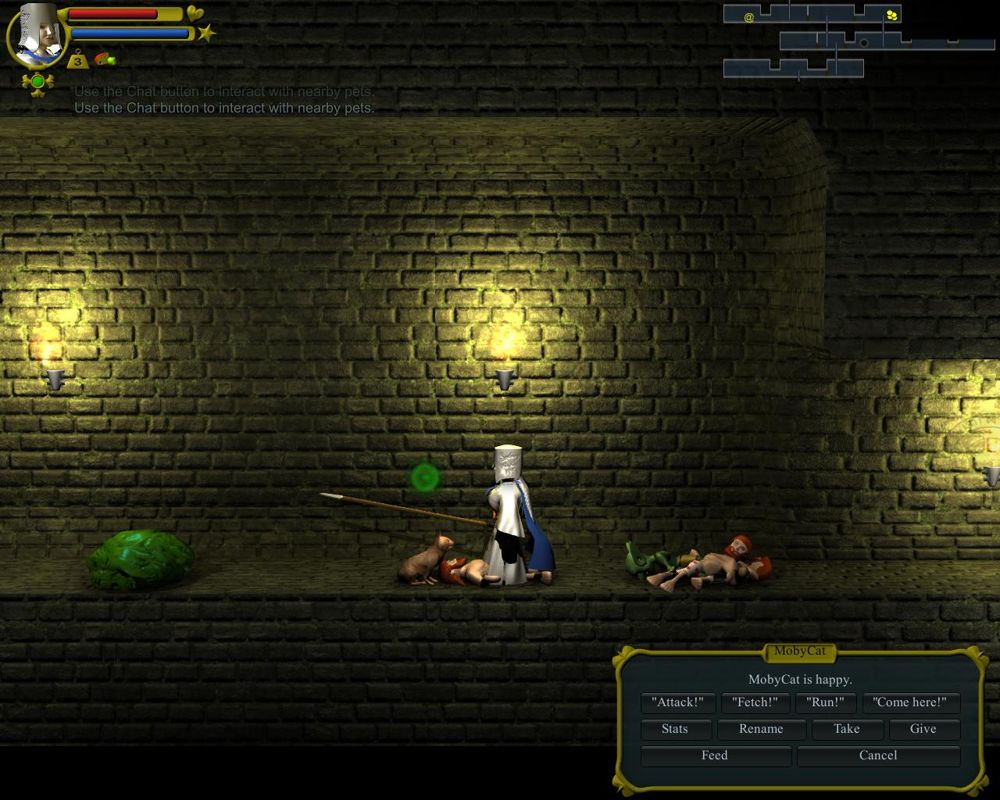 WazHack (Browser) screenshot: Pets - Each character has a pet companion, which will level up, grow stronger and larger: fighters have dogs, mages have cats, and thieves have monkeys.