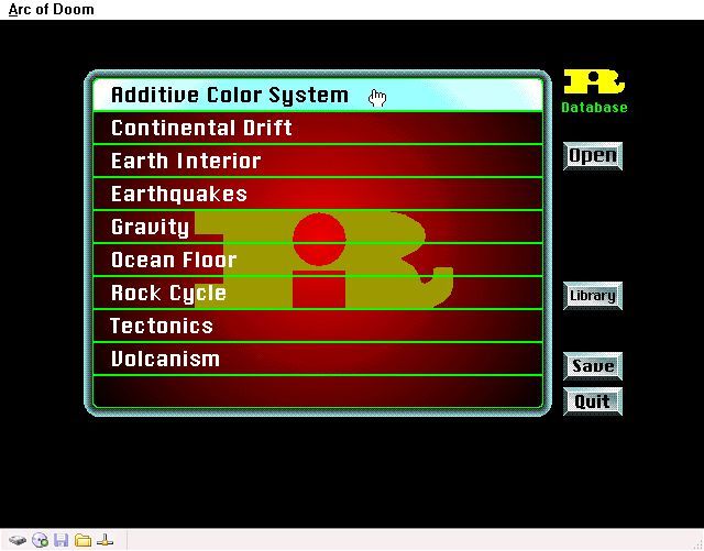 Arc of Doom (Windows 3.x) screenshot: The game has a database of earth related information. Reading through this will increase the player's science points. There is a lot of it and it includes videos.